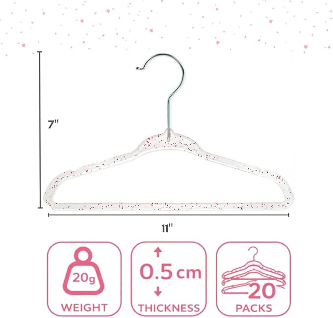 CONCEPTS 20 Pack Baby Hangers Kids Acrylic Non Slip Glitter Clothes Hangers for Toddler Infant Newborn Closet Organizer Small Hangers for Baby Clothes Pants Shirts Space Saving Nursery