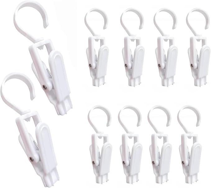 10 PCS Laundry Hooks with Clips，Clothes pins，360° Rotating Hook Clips, Hangers Clip Socks Curtain Towels Bathroom Closet Kitchen Office (White B)