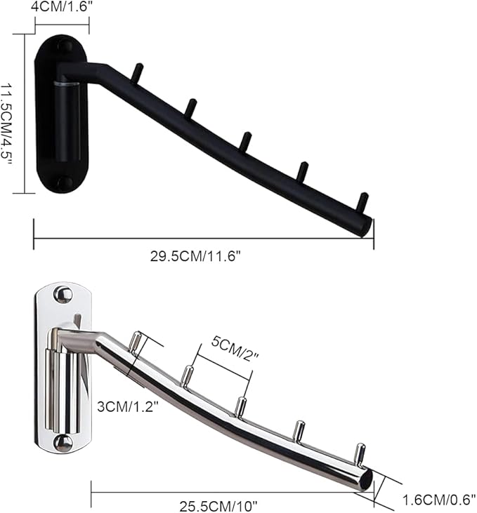 Pack of 2 Folding Wall Mounted Clothes Suit Hangers Rack with Swing Arm Stainless Steel Heavy Duty Coat Hook for Bathroom, Bedroom, Laundry Room - Black