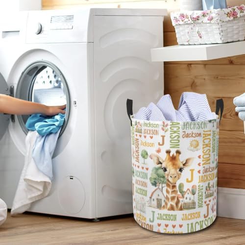 Giraffe Laundry Basket,Custom Laundry Hamper with Name,Personalized Giraffe Gifts for Boys Girls,Customize Collapsible Laundry Basket for Bedroom Bathroom,S-16.5"x 13.8"