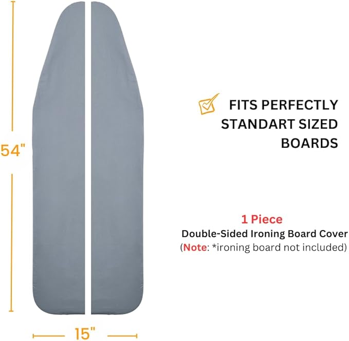 SAVUK Ironing Board Cover and Pad Dual Side X2 Lifetime Double Using Heavy Duty Thick Padding Heat Reflective Non Stick Scorch and Stain Resistant Adjustable 15x54 inch (Double Sided Grey)