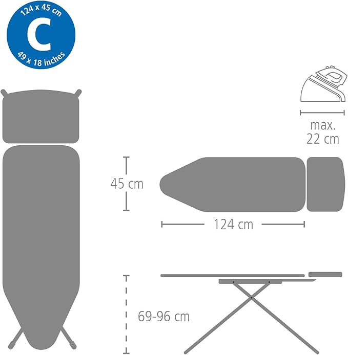 Brabantia - Ironing Board C - Extra Large Steam Iron Rest - Adjustable in Height - Non-Slip Rubber Feet - Triple Layer Cotton Cover - Foldable XL Unit - Bubbles - 124x45 cm