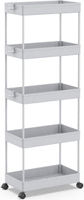 SPACEKEEPER 5-Tier Rolling Cart, Bathroom Storage Organizer Utility Cart, Mobile Shelving Unit Slide Out Shelves for Kitchen Living Room Laundry Room & Dressers,Gray