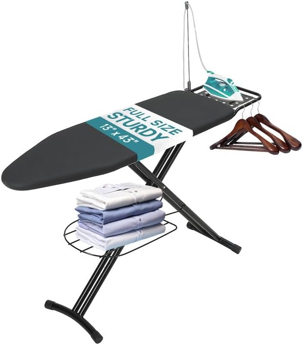 Ironing Board Full Size, RAINHOL 43"x13" Sturdy Iron Board with Iron Rest and Garment Rack, Height Adjustable Metal Construction with Ultra Thick Cover and Padding, Foldable and Heavy Duty