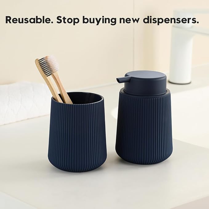 Striped Liquid Hand Soap Dispenser with Leak-Proof Pump for Bathroom and Kitchen Countertop 11oz Navy Blue