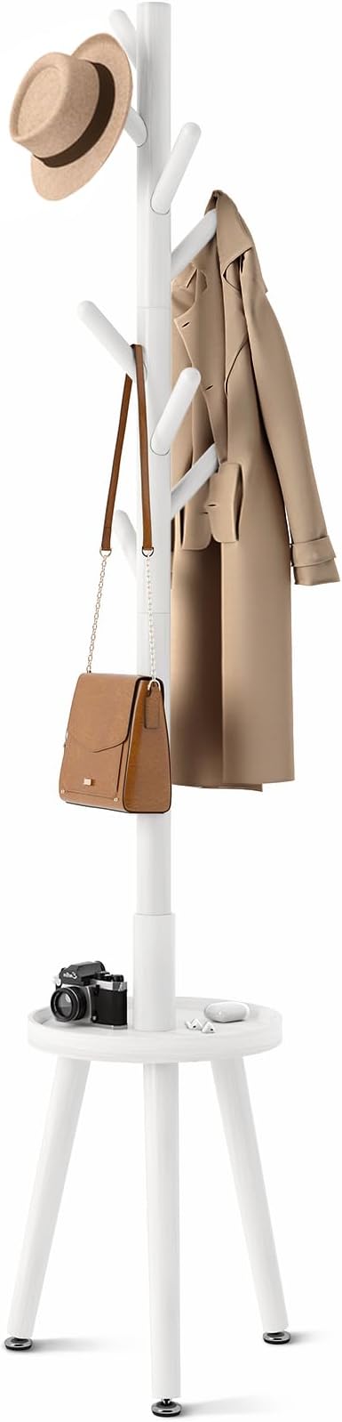 GREENSTELL Coat Rack with 8 Hooks, Wooden Coat Rack Freestanding with Shelf, Coat Tree with 4 Height Options 50.5"-72.6", Coat Hanger Stand for Bags, Clothes, Umbrellas, Hats, in Home, White