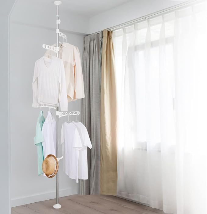 BAOYOUNI Corner Laundry Pole Coat Tree Hanger Telescopic Clothing Drying Rack Floor to Ceiling Tension Shelf Rod Metal Storage Organizer Stand with 4 Arms & 1 Hook - Ivory