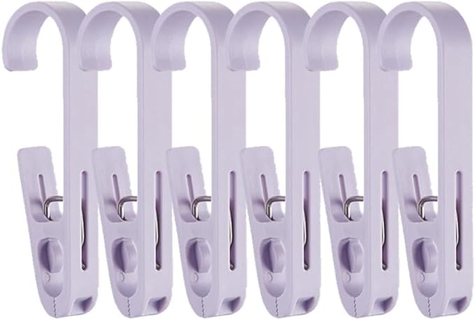 6Pcs Laundry Hooks with Clips Hanger Closet Organizer Clamps Hanging Socks Boot Bras Towels Shower Pegs for Bathroom Wardrobe Kitchen Office Holders Clothes Pins Heavy Duty Outdoor, Light Purple
