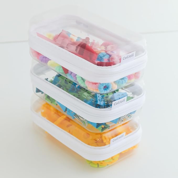 Zippered Pouch Hard, Clear Zippered Hard Pouch, Stackable Storage Bins, Portable Clear Bin Zipper (White, Small)