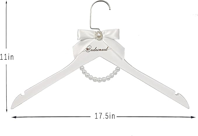 6 Pcs Bridesmaid Hangers White Wooden Wedding Bride Hanger with Bow and Pearl Necklace for Wedding Dresses Bridesmaid Dresses Gowns （6 Bridesmaid Hangers）