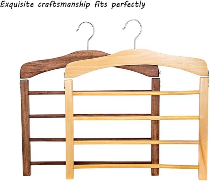 Wooden Pant Hanger Space Saving - 4 Tier Closet Storage Hanger Organizer for Jeans Legging Scarves Pants Towels, 2 Packs, Wood