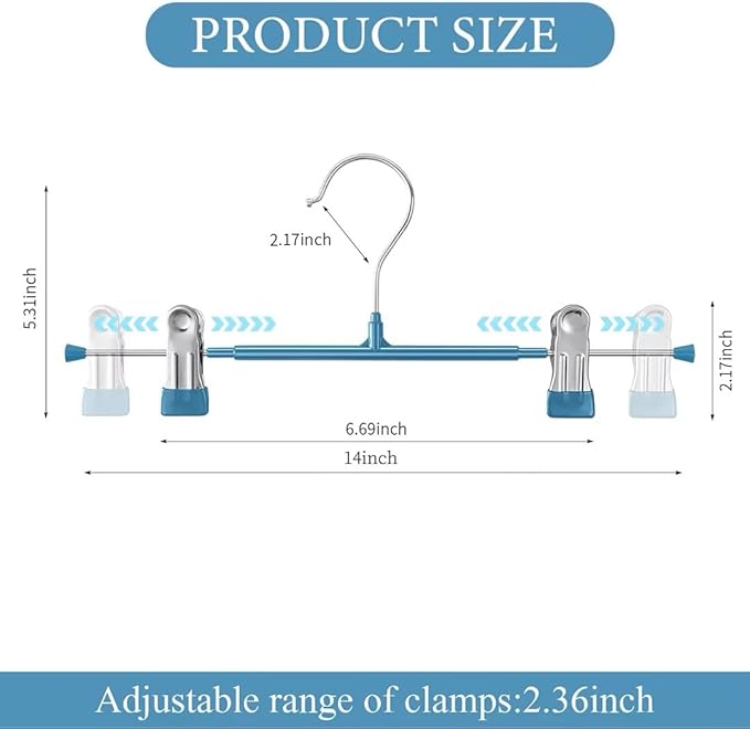 14Inch 50PACK Pants Hangers with Clips Adjustable Skirt Hangers for Women Metal Non-Slip Trousers Hanger Heavy Duty Space Saving Clothes Hanger for Shorts,Jeans,Blue