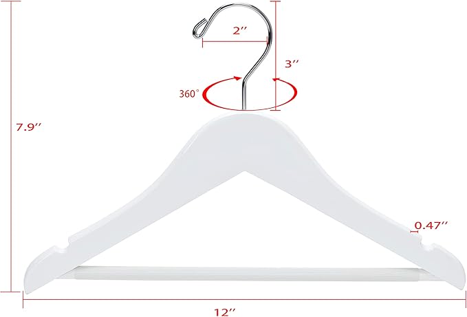 Quality 12” Kid's Wooden Hangers, 20 Pack Solid Wood with Pants Bar, Shoulder Notches, Anti Rust 360 Swivel Hook for Coats, Suits, Jackets and More - Toddler and Baby Cloth Hanger Set (White, 80)