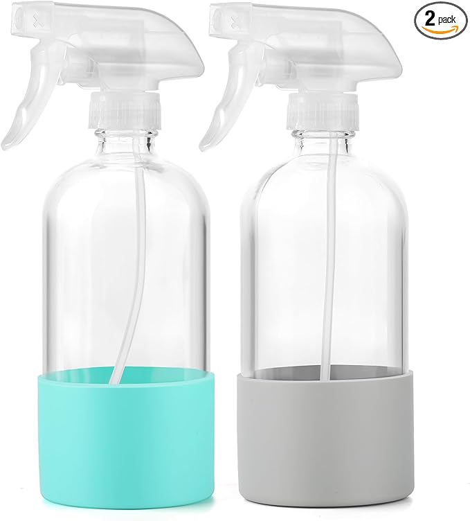 Glass Spray Bottles (2-Pack) with Silicone Sleeve - 16oz Empty Refillable Bottles - Adjustable Nozzle for Hair, Plants, Cleaning & DIY Solutions - Mint Green & Grey