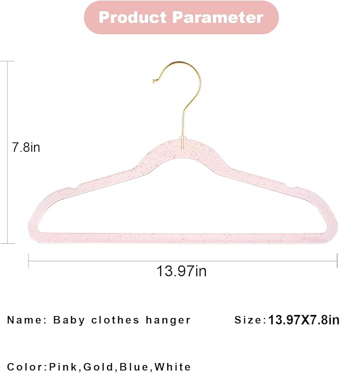 Baby Glitter Hanger 20 Pack,13.97" Kids Toddler Hangers for Closet, Pink Sparkling Plastic Baby Clothes Non-Slip Space Saving Hangers for Dress Up,Large Girl's Pink Hanger