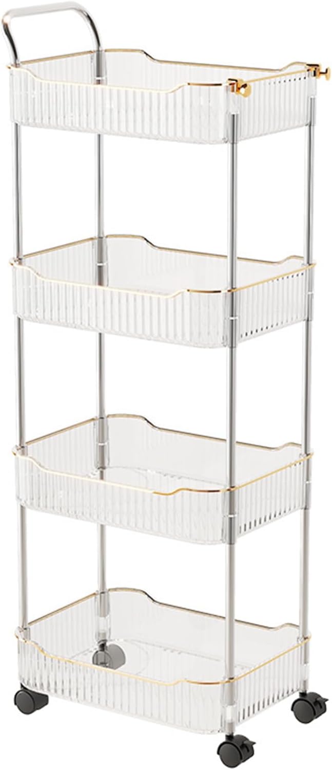 4-Tier Acrylic Rolling Storage Cart, Rolling Utility Cart, Kitchen Storage Cart with Wheels for Bathroom,Living Room, Kithcen, Office Storage and Organization (14''X10''X37'')(Clear)