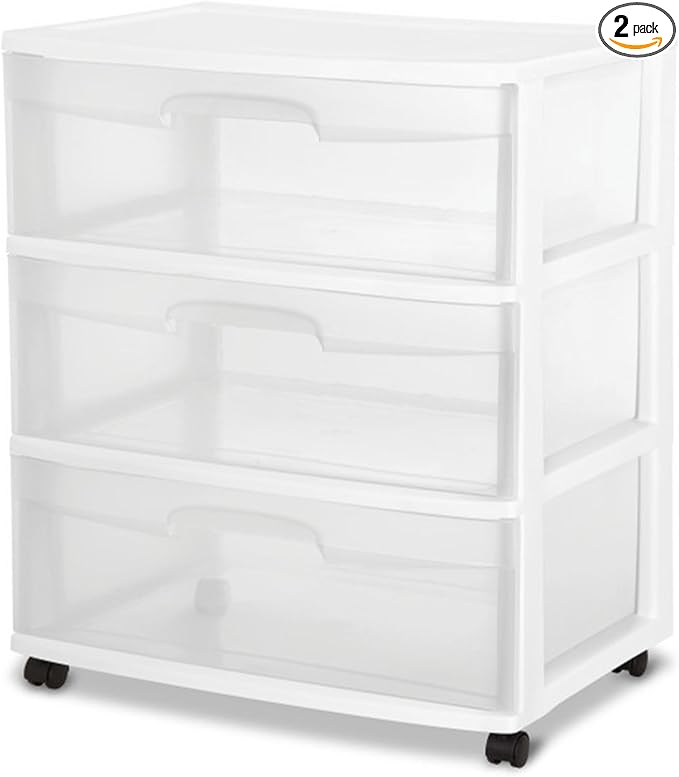 Sterilite 2-Pack 3-Drawer Wide Storage Organizer Cart, Rolling Container w/Wheels, White - Organizing Containers for Bathroom, Closet, Kitchen, and Bedroom