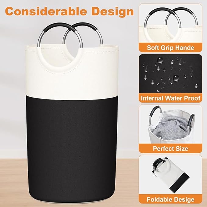 2 Pack 90L Laundry Hamper Large Collapsible Laundry Baskets Bin with Soft Aluminum Handle，Tall Freestanding Foldable Dirty Clothes Hamper Black for Laundry Room Bedroom College Dorm Bathroom（Black）