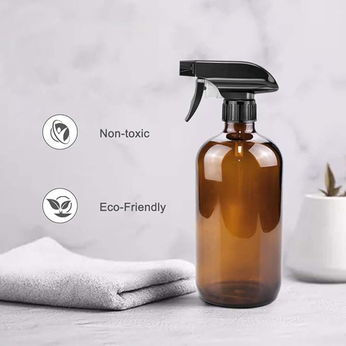 Glass Spray Bottles, 16oz Amber Glass Spray Bottles with Labels & Adjustable Nozzle, Reusable Containers for Cleaning, BBQ, Food, Plants, Alcohol, Essential Oils(3 Pack)