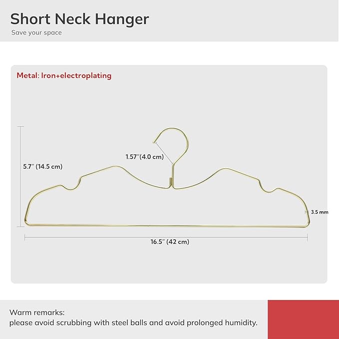 Metal Clothes Hanger, Ultra Slim & Short Neck Hanger,Space Saving Durable Non-Slip Felt Hangers, Closet Organizer (Gold)