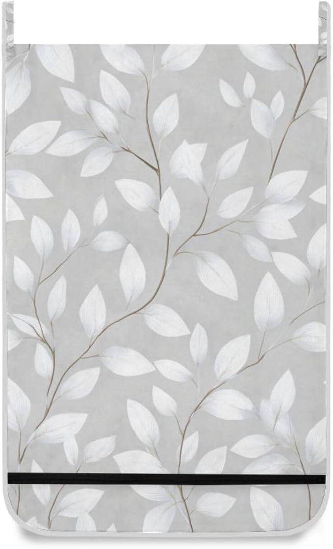 Grey Simple Leaves Hanging Laundry Hamper Door Hampers Bag Basket with Stainless Steel Hooks Oxford Fabric Printing Decorative Clothes Bags 29.5X20inch 2Pack