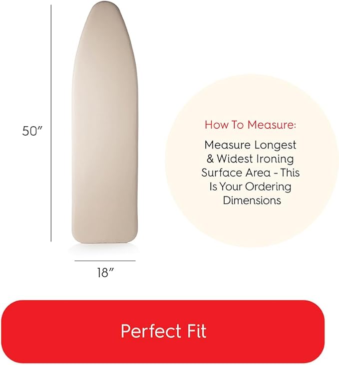 TIVIT Ironing Board Cover 18 x 50 Wide Chemical Free Eco-Friendly Padded Covers - Unbleached, Untreated Natural Cotton & Wool Pad - 2 Layer, 3 Fastener Straps, Pull Bungee Cord - Made in Italy