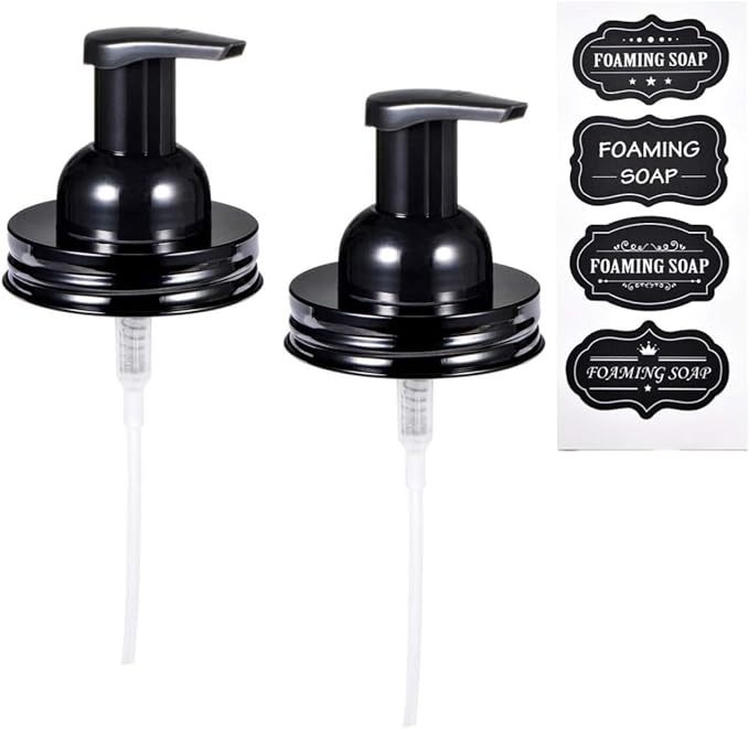 SheeChung 2 Pack Mason Jar Foaming Soap Dispenser Lids for Standard Mouth, Foaming Soap Dispenser Pump Replacement for Hand Sanitizer, Bath Liquid, Facial Cleansing Foam, Makeup Remover Water - Black