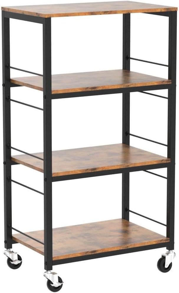 CADUKE Rolling Kitchen Cart Industrial Serving Cart 4 Tier Wood Utility Island on Wheels Rolling Bar Cart with Storage Farmhouse Microwave Table Serving Trolley Stand for Bathroom Living Room, Brown