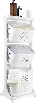 White Laundry Baskets 3 Tier White Rolling Laundry Hamper Cart with Wheels and Portable Storage Baskets Free Standing Clothes Laundry Basket Organizer for Bathrooms,Laundry Rooms