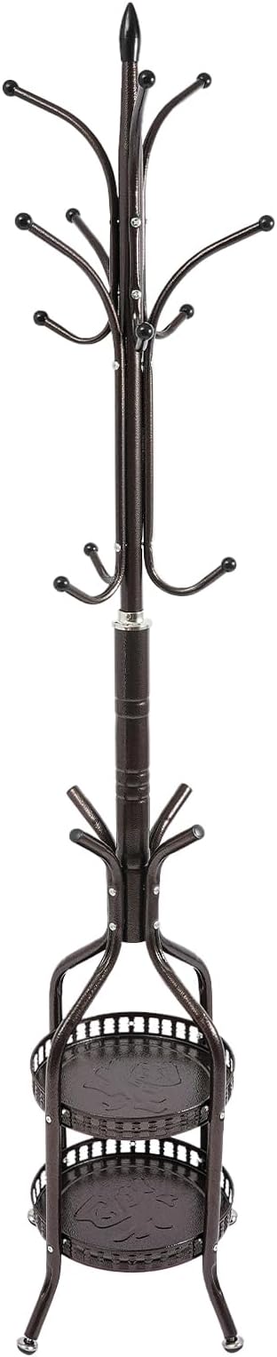 Multifunctional Metal Coat Rack Stand, Freestanding Coat Rack Hat Hall Tree with 2 Layer Basket and Practical Feet, Clothing Rack for Hallways, Living Rooms, Bronze
