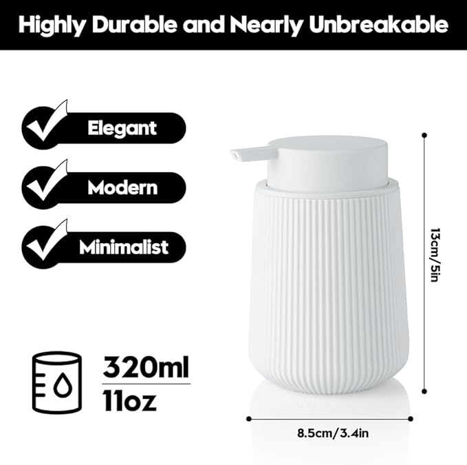 Striped Liquid Hand Soap Dispenser with Leak-Proof Pump for Bathroom and Kitchen Countertop 11oz White