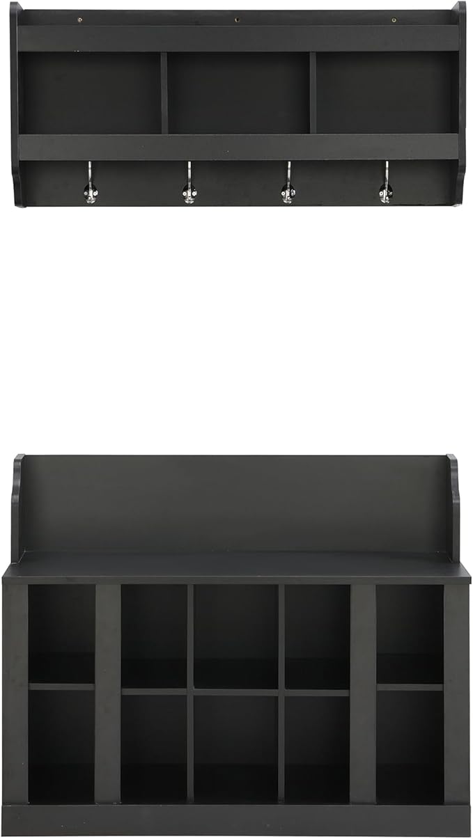 Multi-Functional Hall Tree with Wall Mounted Coat Rack, Shoe Storage Bench with Shelves and 4 Hooks, Entryway Organizer for Hallway, Foyer, Mudroom, Living Room (Black-52s)
