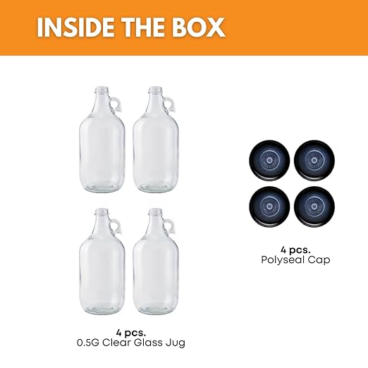 Fastrack 4-Pack Half-Gallon Glass Jug Set (64 oz) w/4 Polyseal Caps | Multipurpose Half Gallon Jug, & Detergent Dispenser for Laundry, Glass Jar for Liquids, Water & Juice