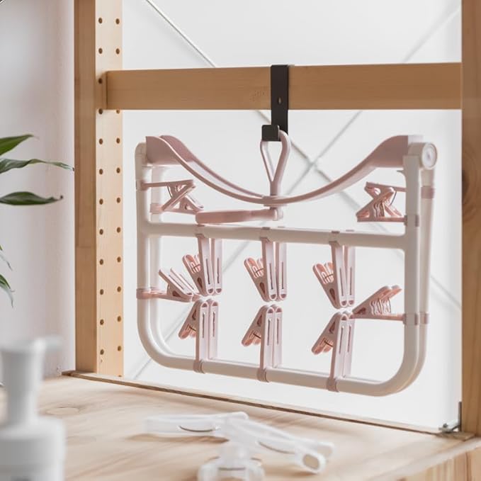 Clothes Drying Racks Foldable Clip Hangers Drip Hanger Plastic with 20 Drying Clips (Light Pink-Rectangle)
