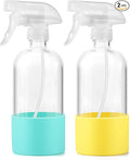 Glass Spray Bottles (2-Pack) with Silicone Sleeve - 16oz Empty Refillable Bottles - Adjustable Nozzle for Hair, Plants, Cleaning & DIY Solutions - Blue & Grey (yellow + mint green)