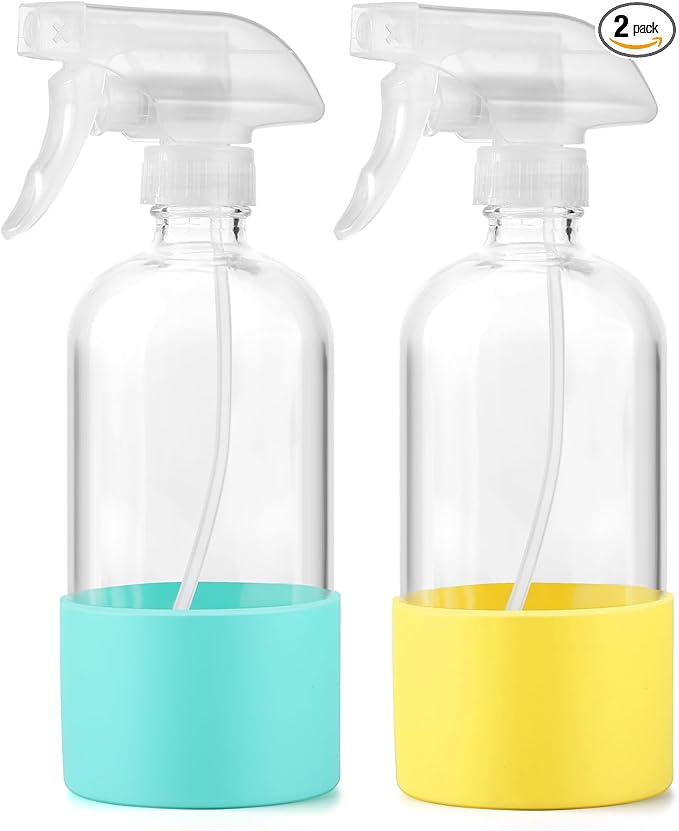Glass Spray Bottles (2-Pack) with Silicone Sleeve - 16oz Empty Refillable Bottles - Adjustable Nozzle for Hair, Plants, Cleaning & DIY Solutions - Blue & Grey (yellow + mint green)