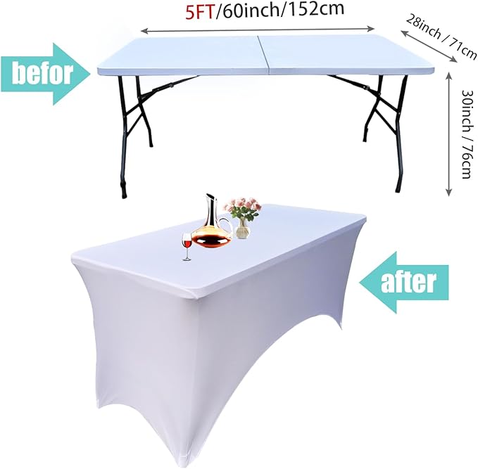 6 Pack - Elegant White Stretch Spandex Table Cover (60Lx28Wx30H Inches), Non-Iron Fitted Tablecloth for 5-Foot Rectangular Folding Tables -Ideal for Banquets, Weddings & Festivals