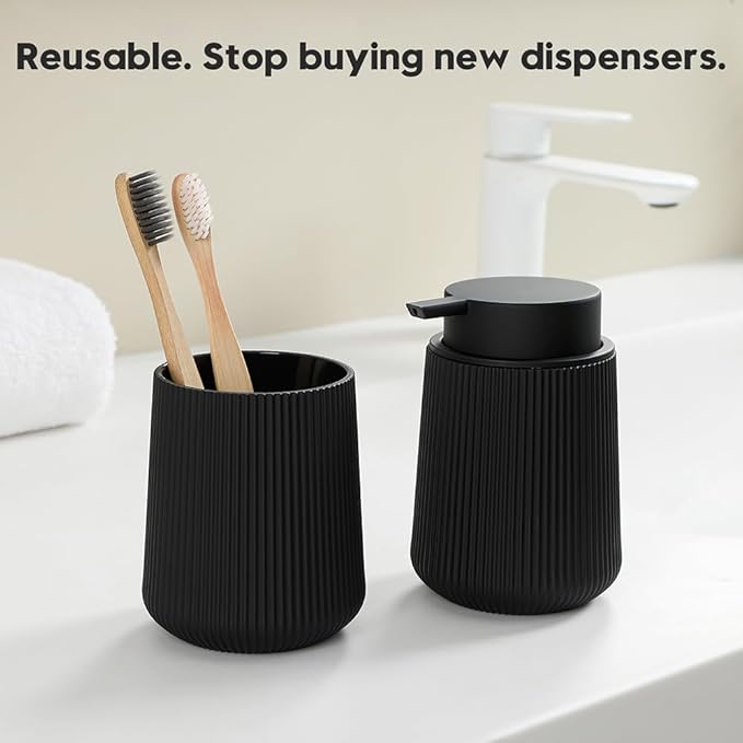 Striped Liquid Hand Soap Dispenser with Leak-Proof Pump for Bathroom and Kitchen Countertop 11oz Black