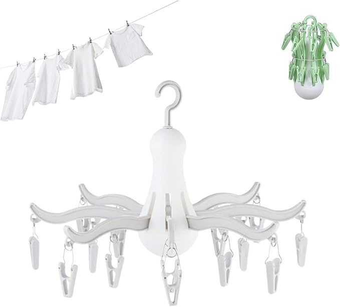 Rogess Octopus Drying Hanger, Clothes Drying Hanger with Clips, Sock Hanger for Drying, 8-Claw Octopus Hanging Dryer with 16 Clips Small Hanger, Travel, Indoor Outdoor use (Gray)