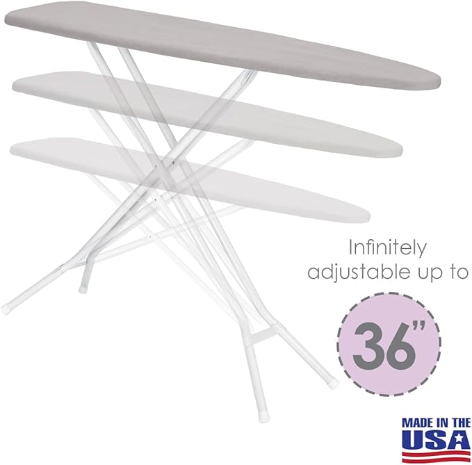 Full Size Ironing Board Made in USA – Light Grey by Seymour Home Products 4 Heavy-Duty Steel Legs Perforated Top for Steam Includes Cover & Pad Sturdy, Foldable Iron Board for Home & Laundry