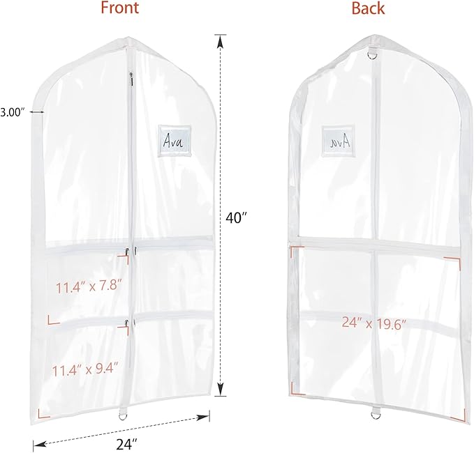 Univivi Clear PVC Dance Costume Bags Garment Bag 40 Inch for Dance Competitions, with 4 Medium Clear Zipper Pockets and 1 Large Back Zippered Pocket (Clear)