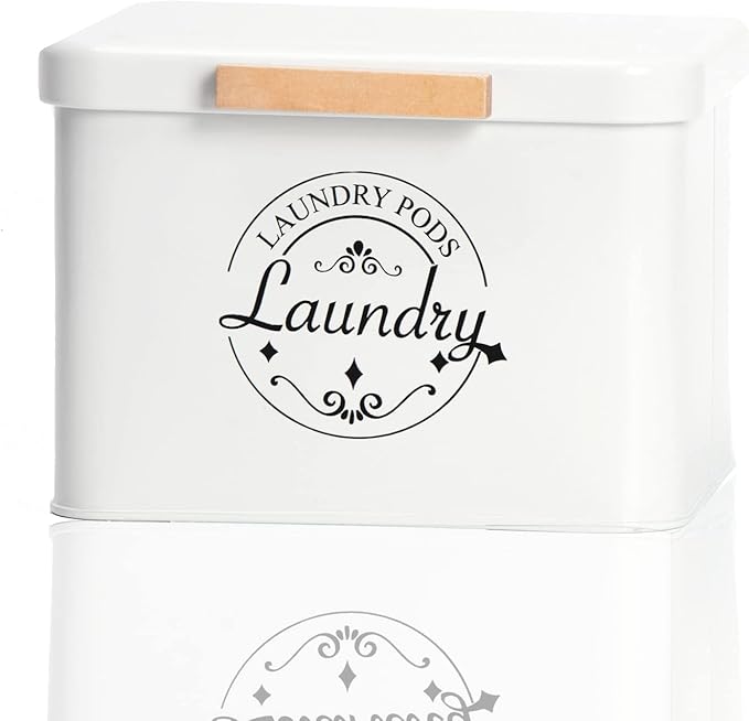 Laundry Pods Holder with Hinged Lid, Farmhouse Space-Saving Metal Container for Laundry Room Decor Organization and Storage, Detergent Dispenser for Efficient Laundry Room Use(Cream)