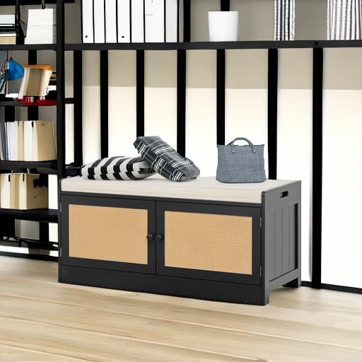 Anmytek Rattan Shoe Bench, Entryway Bench with Shoe Storage Wooden Shoe Rack Bench with Cushion Seat & Adjustable Shelves, Storage Bench for Entryway Black (39.8" W X 15.7" D X 18" H)