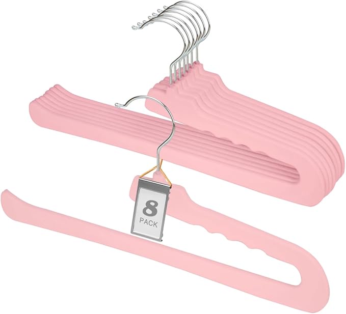 Velvet Pants Hangers,8 Pack Pink Non Slip Felt Slack/Trouser,Slim & Sleek Heavy Duty Space Saving Closet Hangers with 360° Swivel Hook,Tank Top for Shorts,Jeans,Suit Pants,Towel