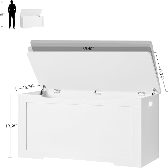 usikey 39.4” Toy Chest, Toy Box for Living Room, Storage Chest with 2 Safety Hinges, Lift Top Storage Bench, Storage Trunk, for Bedroom, Entryway, White