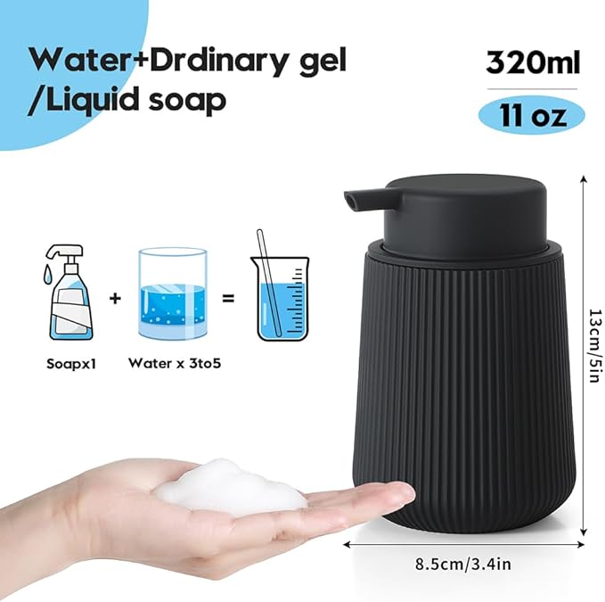 Striped Foaming Hand Soap Dispenser with Leak-Proof Pump for Bathroom and Kitchen Countertop 11oz Black