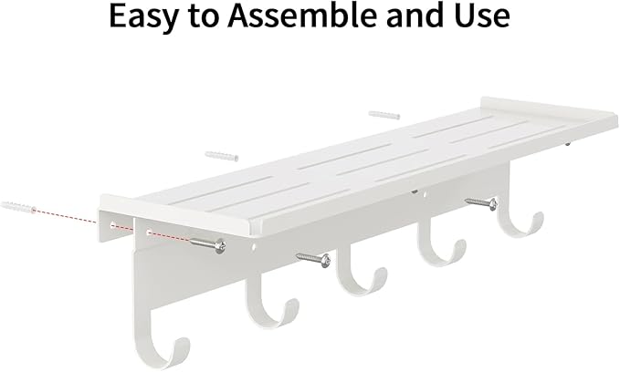 Shelf with Hooks, 17 Inch Coat Rack Wall Mount with 5 Hooks with Shelf, Metal Entryway Coat Hangers Storage Clothes, Bags, Purse, Keys for Living Room, Bedroom, White