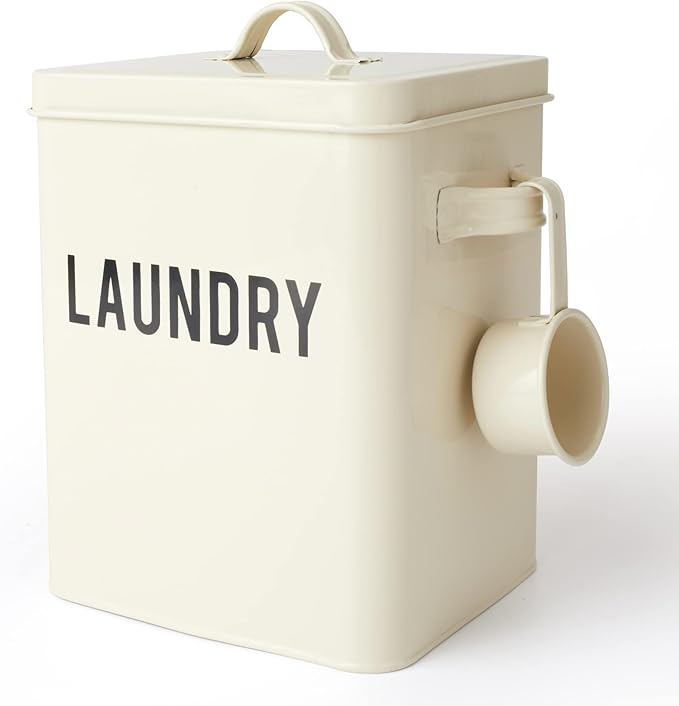 LA JOLIE MUSE Laundry Detergent Powder Storage Tin Box, Farmhouse Laundry Room Decor, 9 Inch High, Cream