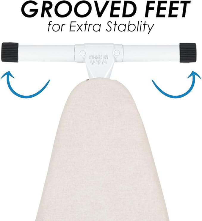 Full Size Ironing Board with Cover & Pad – USA-Made with Enhanced Grip Feet for Extra Stability – Adjustable Steel T-Legs 35" High – Perforated Top – Durable Iron Board for Home, Laundry Room, Beige