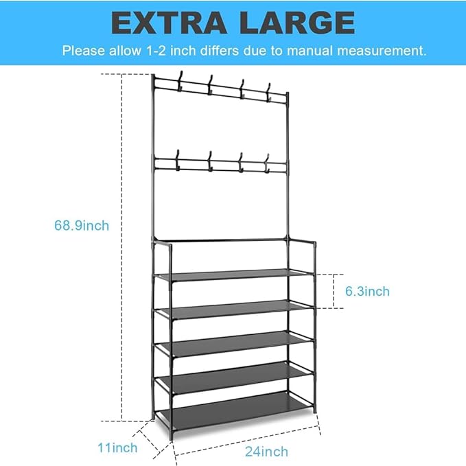 5 Tiers Shoe Rack Coat Rack, Entryway Bench Storage Organizer Multi-Functional Freestanding Shoe Shelf Coat Storage Organizer with 8 Hooks Hat Rack for Entryway Home Door Hallway